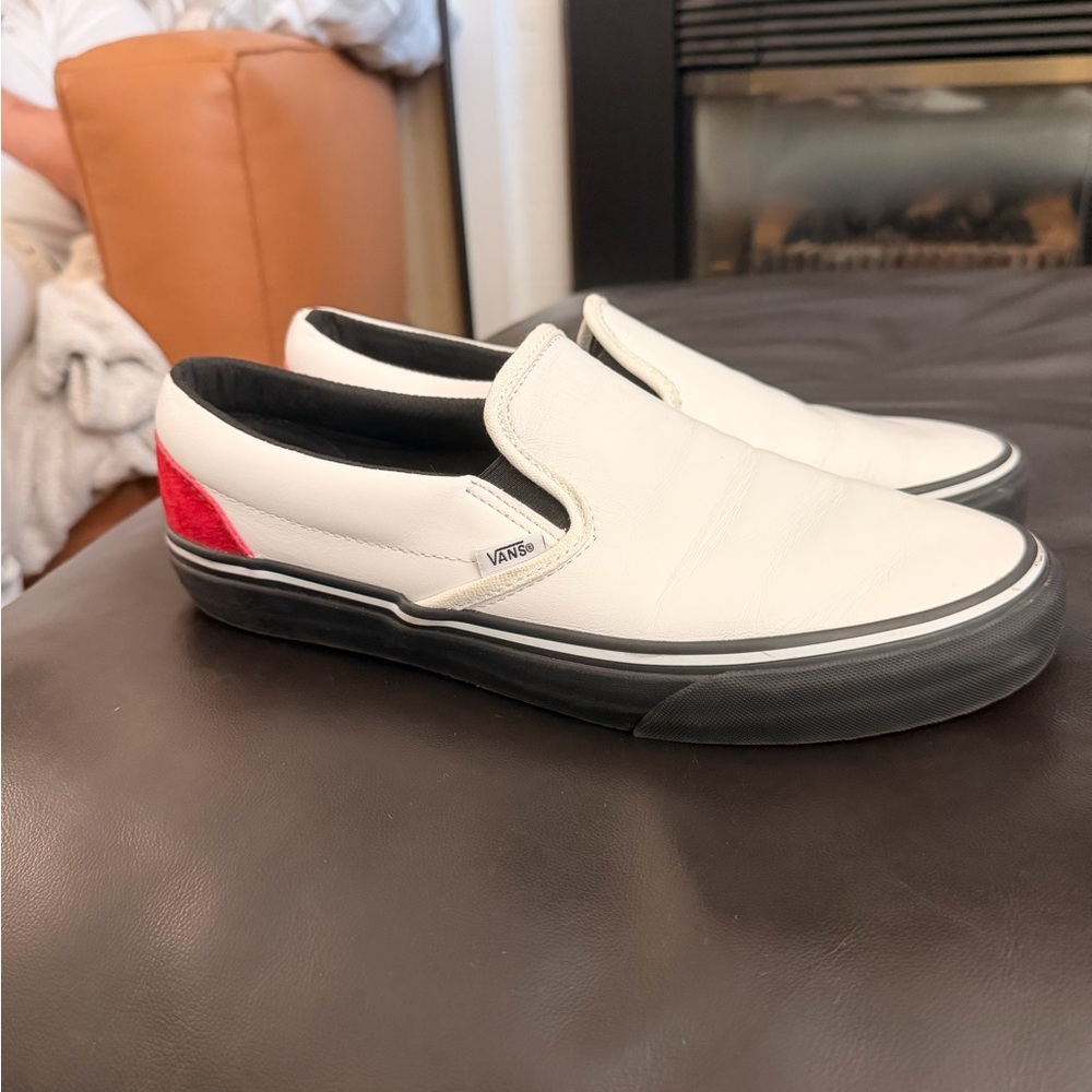 Vans White Leather Slip-On Sneakers with Black Sole and Red Heel - Picture 5 of 9